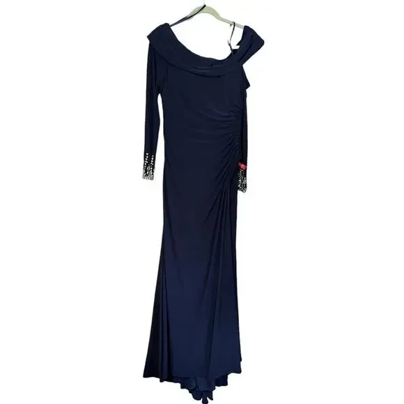 Mac Duggal 10 NEW Beaded Cuff Drop Shoulder Faux Wrap Gown Midnight Blue 12231 - Picture 5 of 8